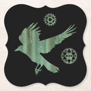 Posavasos De Papel Vérdigris Steampunk Flying Crow and Gears