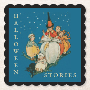 Posavasos De Papel Viñeta Halloween Storytime Pequeña Bruja Gato Negr
