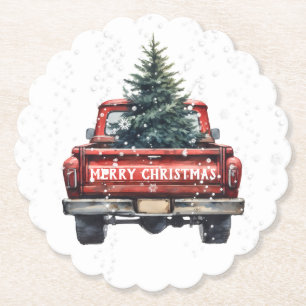 Posavasos De Papel Vintage Red Truck Merry Christmas