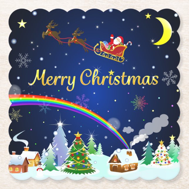 Posavasos De Papel Volando Santa Claus con luna creciente (Anverso)