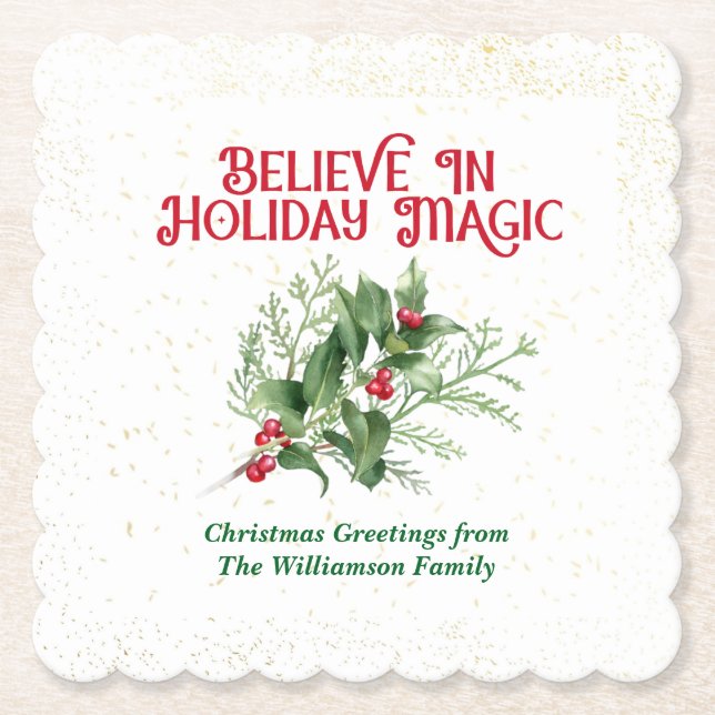 Posavasos De Papel Watercolor Holly Believe Holiday Magic Christmas (Anverso)