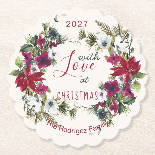 Posavasos De Papel Watercolor Poinsettia, holly, Fiesta de Navidades  (Anverso)