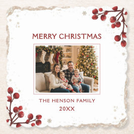 Posavasos De Papel Watercolor Red Berry Winter Wreath Family Photo