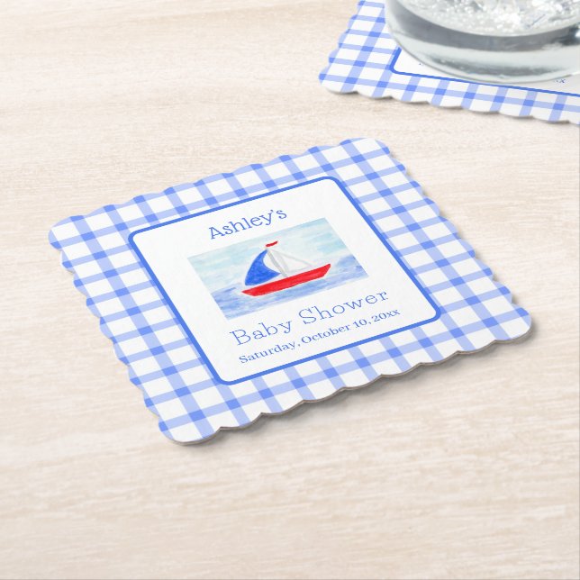 Posavasos De Papel Watercolor Sailboat Blue Check Baby Shower (En perspectiva)