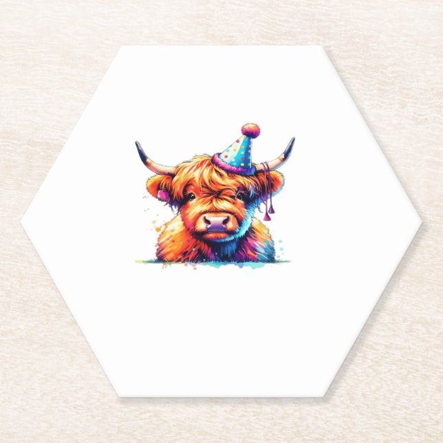 Posavasos De Papel Watercolor Scottish Highland Cow Birthday Essentia (Anverso)