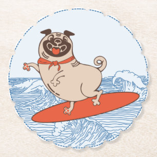 Posavasos De Papel Wave riding happy pug dog on surfboard 