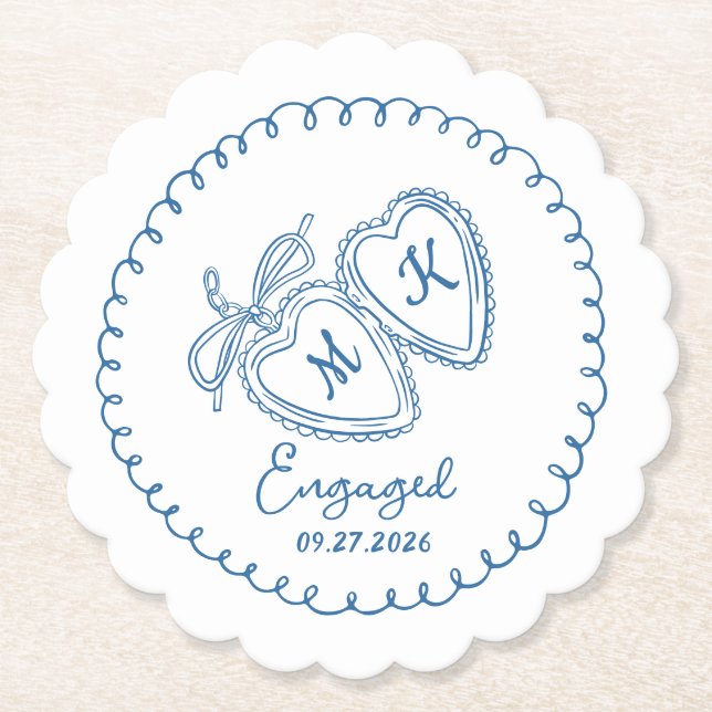 Posavasos De Papel Whimsical Engaged Couple Blue Hearts Trendy Doodle (Anverso)
