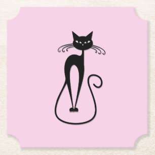 Posavasos De Papel Whimsical Skinny Black Cat Rosa