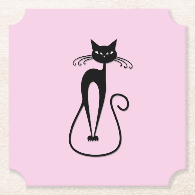 Posavasos De Papel Whimsical Skinny Black Cat Rosa (Anverso)