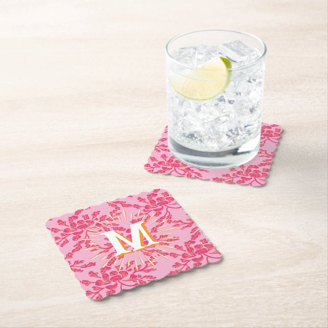 Posavasos De Papel Winding Peony Woodcut Pink + Orange Personalized (In situ)