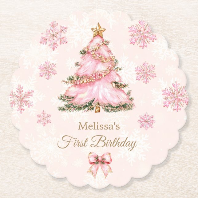 Posavasos De Papel Winter Onederland Girl 1st Birthday Pink Snowflake (Anverso)