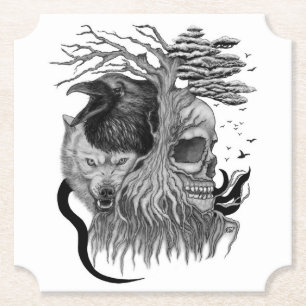 Posavasos De Papel Wolf y Raven con el cráneo
