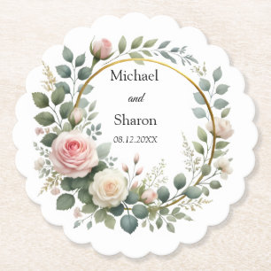 Posavasos De Papel Wreath de color de agua de rosas blandas rosa y bl