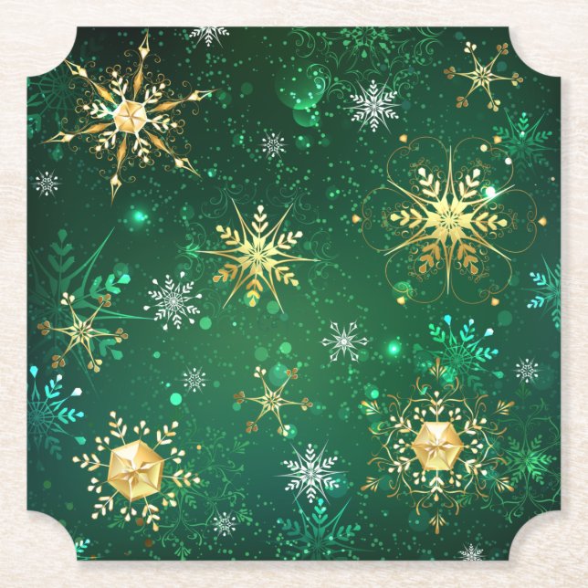 Posavasos De Papel Xmas copos de nieve dorados sobre fondo verde (Anverso)