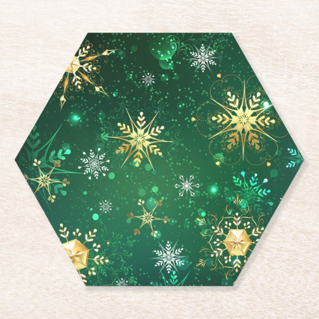 Posavasos De Papel Xmas copos de nieve dorados sobre fondo verde (Anverso)