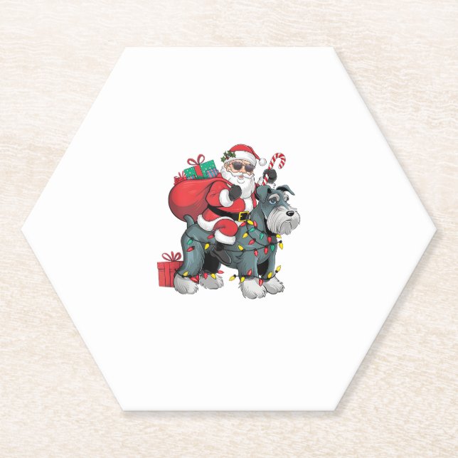 Posavasos De Papel Xmas Iluminando Santa Riding Gigante Schnauzer Dog (Anverso)