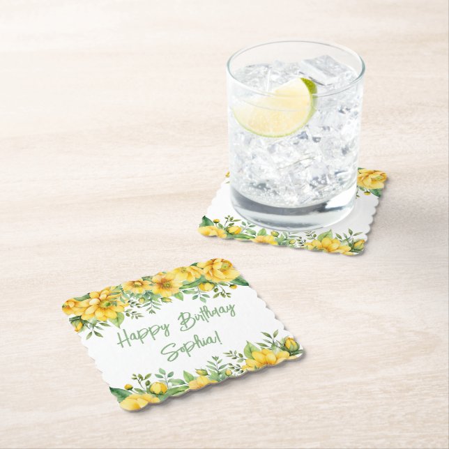 Posavasos De Papel Yellow Sage Green Flowers Floral Party Napkins (In situ)