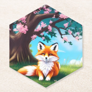 Posavasos De Papel Zorro Adorable Sentado Bajo El Árbol-68563