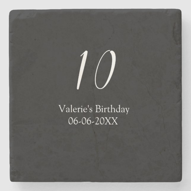 Posavasos De Piedra 10th birthday white black name date calligraphy  (Anverso)
