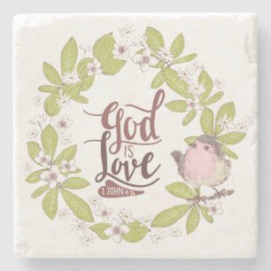 Posavasos De Piedra 1 Juan 4:16 Dios es amor Floral Wreath Cute Bird