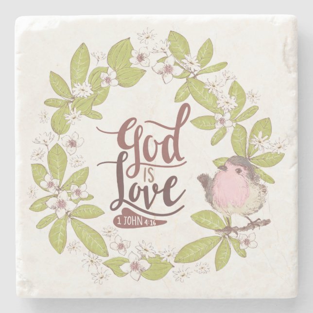 Posavasos De Piedra 1 Juan 4:16 Dios es amor Floral Wreath Cute Bird (Anverso)