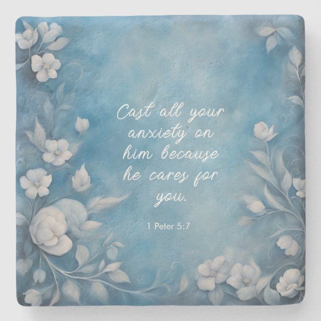 Posavasos De Piedra 1 Peter 5:7 “Cast All Your Anxiety” Blue Floral (Anverso)