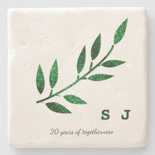 Posavasos De Piedra 20º Aniversario de Boda Monograma Verde Esmeralda