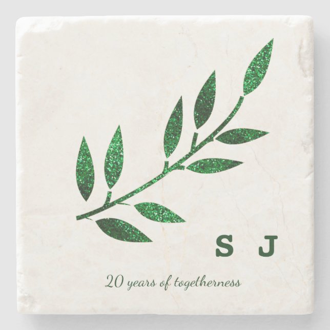 Posavasos De Piedra 20th Wedding Anniversary Emerald Green Monogram (Anverso)