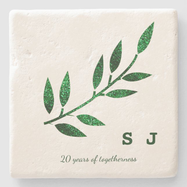 Posavasos De Piedra 20th Wedding Anniversary  Monogram Emerald Green (Anverso)