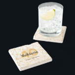 Posavasos De Piedra 40.º nombre geométrico blanco dorado de cumpleaños<br><div class="desc">Un diseño geométrico moderno de imitación de oro con algunos puntos dorados. Elegante y a la moda para un 40 cumpleaños con un fondo blanco. Plantilla para su nombre, edad y fecha. Letras negras para el nombre y la fecha, dorado para tu edad. Perfecto para Su fiesta, como regalo o...</div>