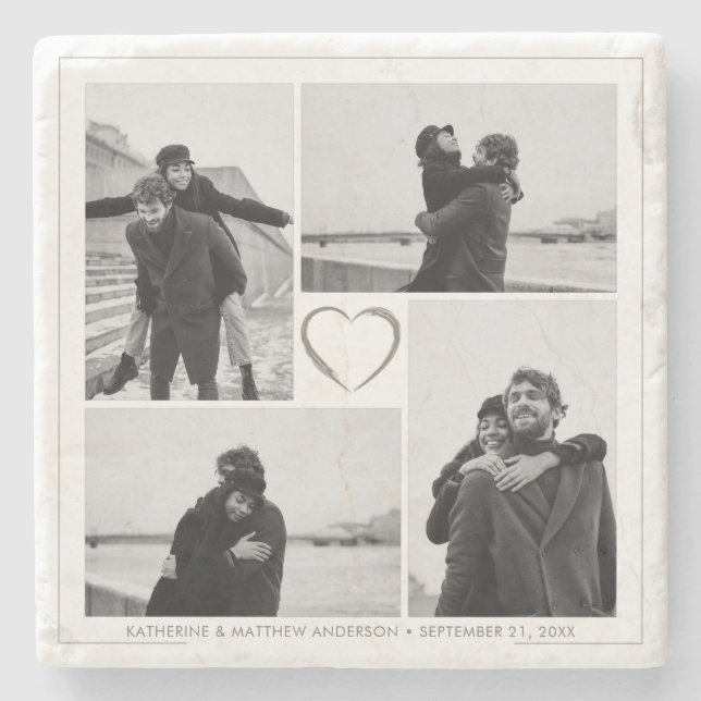 Posavasos De Piedra 4 Collage de fotos Boda Aniversario Nombre y fecha (Anverso)
