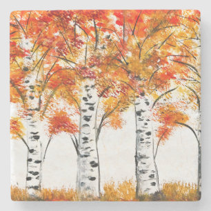 Posavasos De Piedra Abedules acuarela Árboles Otoño Hojas naranjas