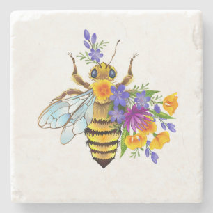 Posavasos De Piedra Abeja de flor con plantas silvestres