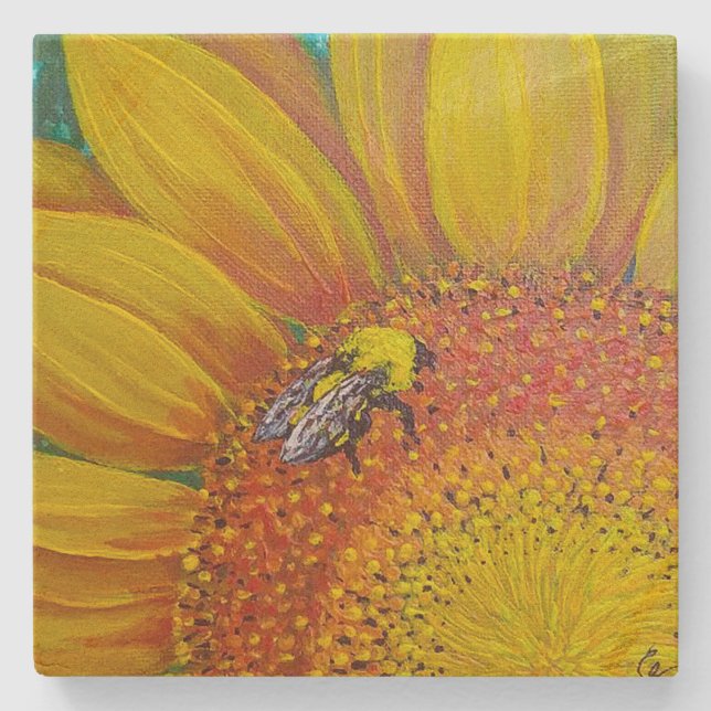 Posavasos De Piedra Abeja en una montaña rusa de girasol (Anverso)