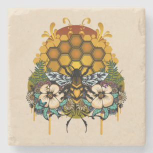 Posavasos De Piedra Abeja Reina Floral Panal Elegante Mármol