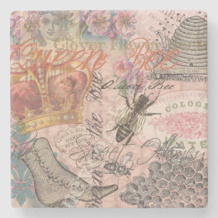 Posavasos De Piedra Abeja Reina Vintage Hermoso Collage
