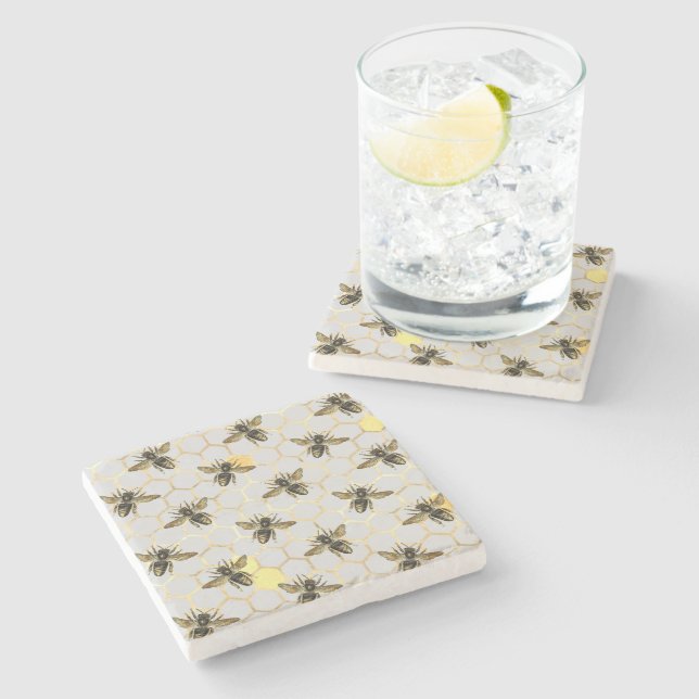 Posavasos De Piedra Abejas con patrón de Honeycomb Gris dorado amarill (Lateral)