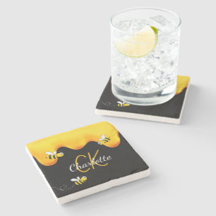 Posavasos De Piedra Abejas de burbujas miel goteando monograma dorado