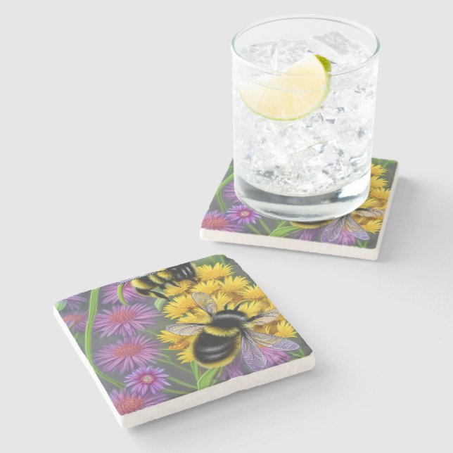 Posavasos De Piedra Abejas en un prado de flores (Lateral)