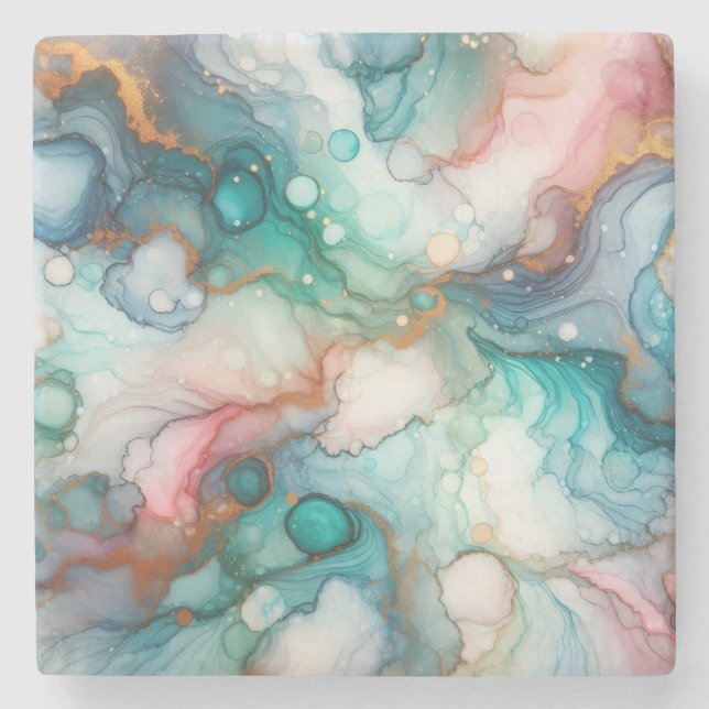 Posavasos De Piedra Abstract in Pink, Teal, Blue, and Gold (Anverso)