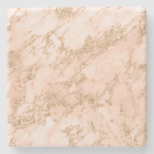 Posavasos De Piedra abstracto de mármol Rosa purpurina dorado (Anverso)