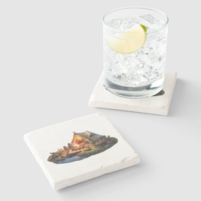 Posavasos De Piedra Acampando con seres queridos (Lateral)