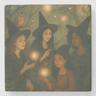Posavasos De Piedra Aceite de Halloween pintando brujas en los bosques