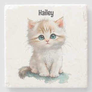 Posavasos De Piedra Acuarela Adorable Kitten con ojos azules