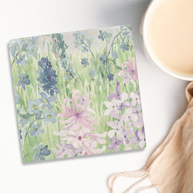 Posavasos De Piedra Acuarela Azul Púrpura Flor pradera en montaña (In situ on table)
