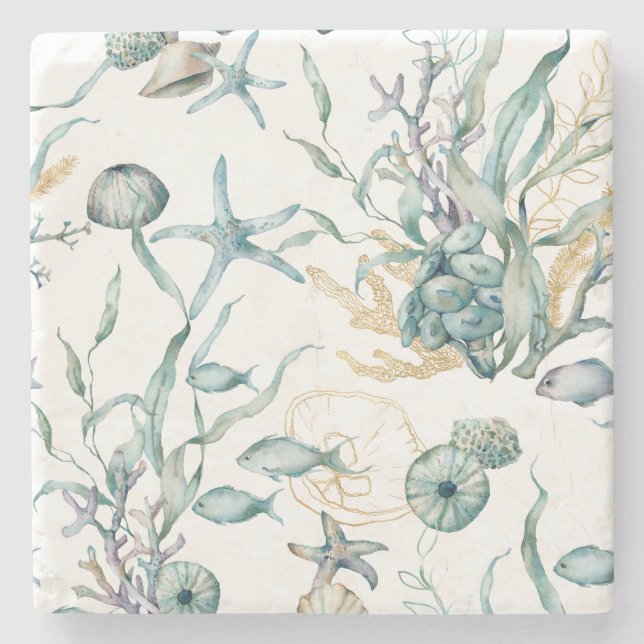 Posavasos De Piedra Acuarela bajo las arrecifes de coral del mar (Anverso)