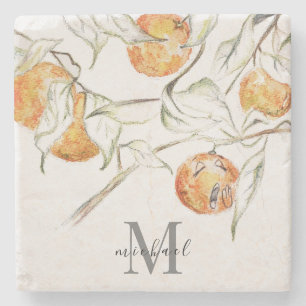 Posavasos De Piedra Acuarela Citrus Fruit Clementine Cutie Monograma