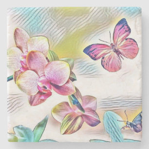 Posavasos De Piedra Acuarela de época de flores de orquídeas rojas ros