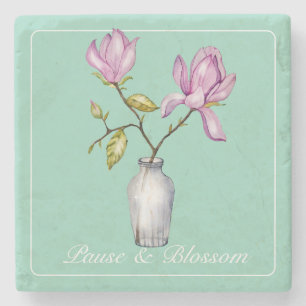 Posavasos De Piedra Acuarela de Magnolia Rosa Elegante