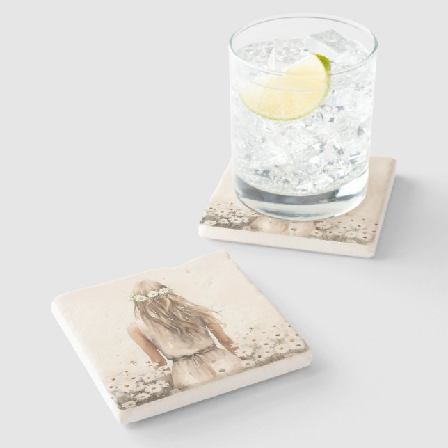 Posavasos De Piedra Acuarela De Mujer Joven En Campo De Daisy (Lateral)